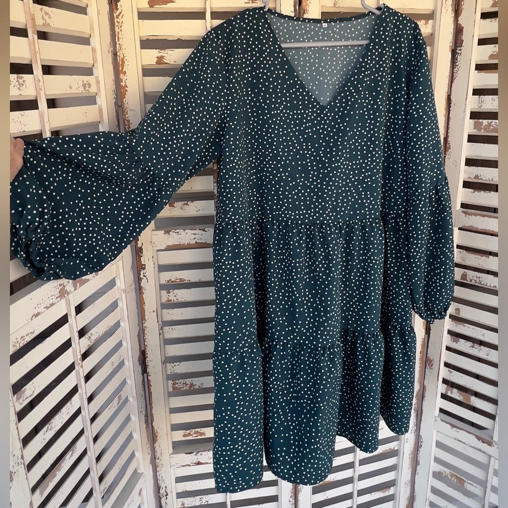 Chic Teal Polka Dot Long Sleeve Dress - flattering